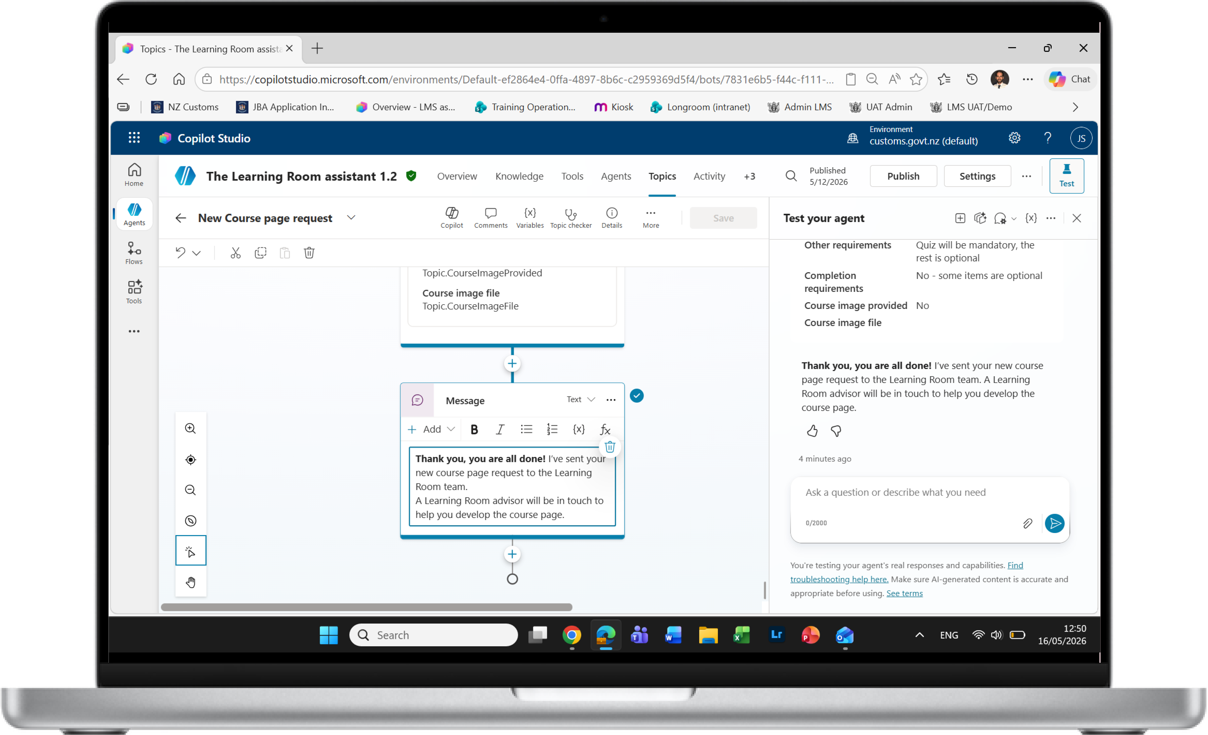 Copilot Studio - New Course page request topic and live test panel