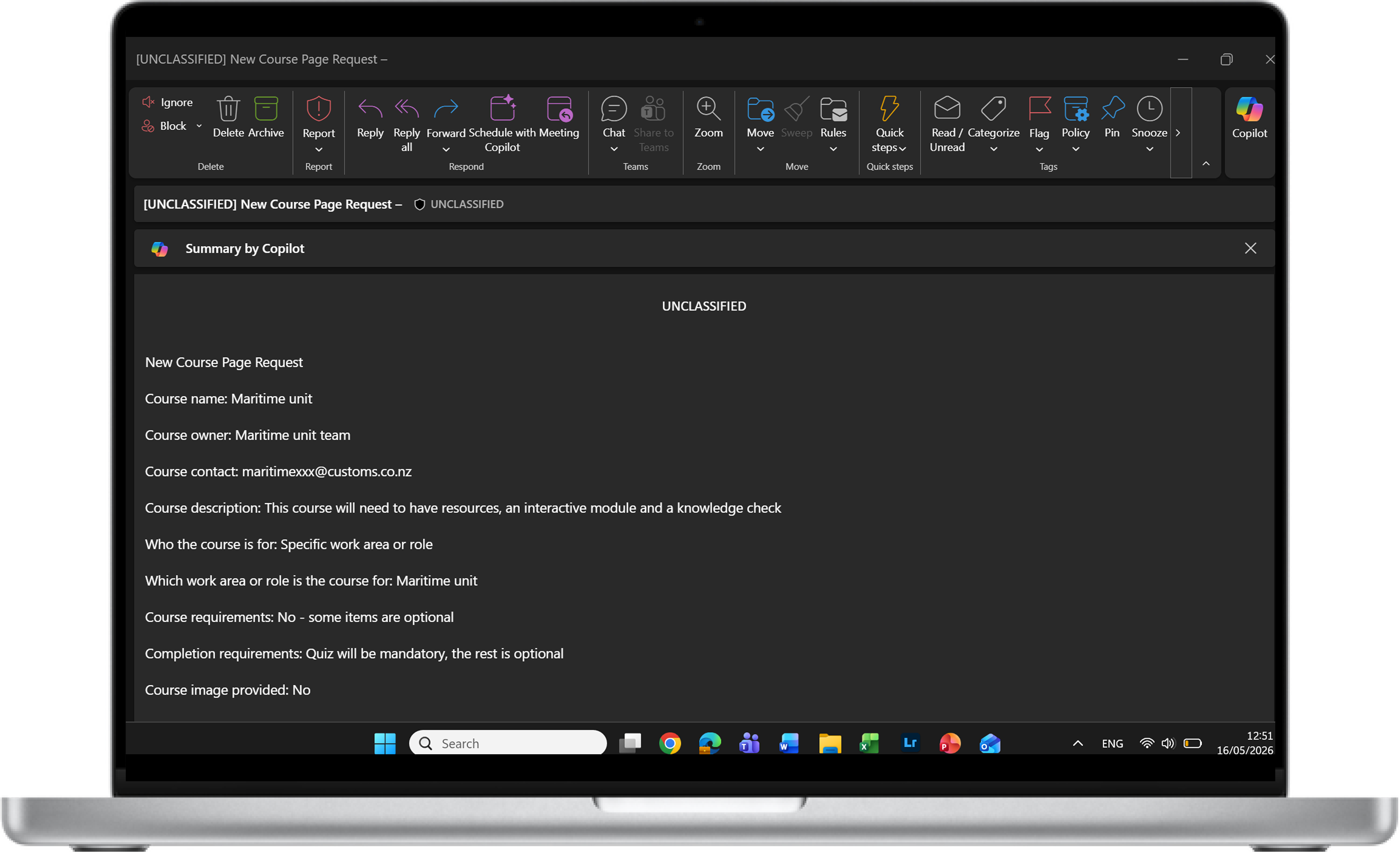 Outlook - New Course Page Request email received by the Learning Room team